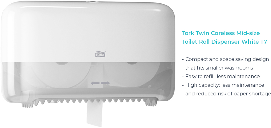 Tork Twin Coreless Mid-size Toilet Roll Dispenser White T7 (558040)